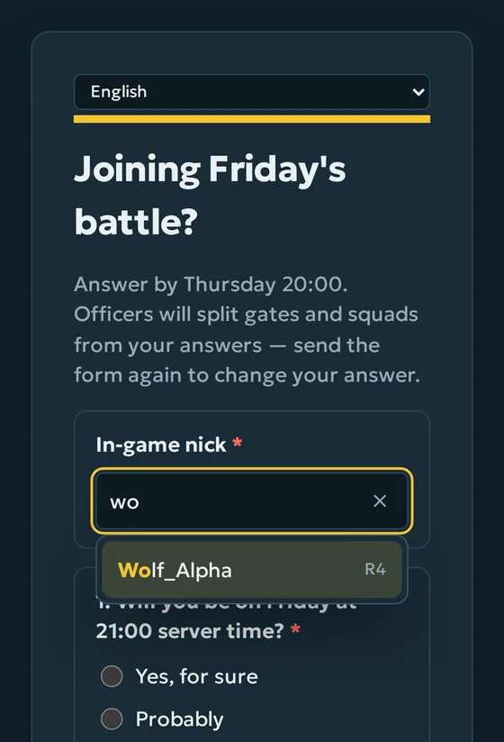 A poll on a phone: a player looks up their nick in the roster